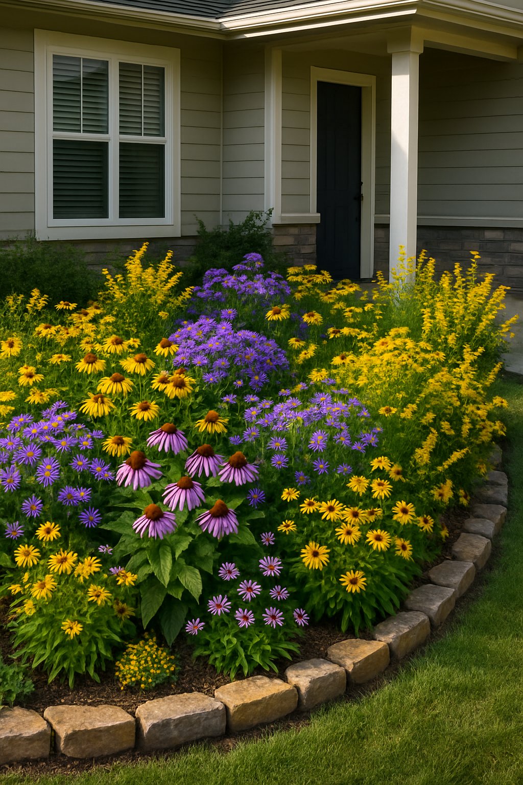 A front yard garden with colorful native wildflowers blooming in a curved bed next to a modern house.