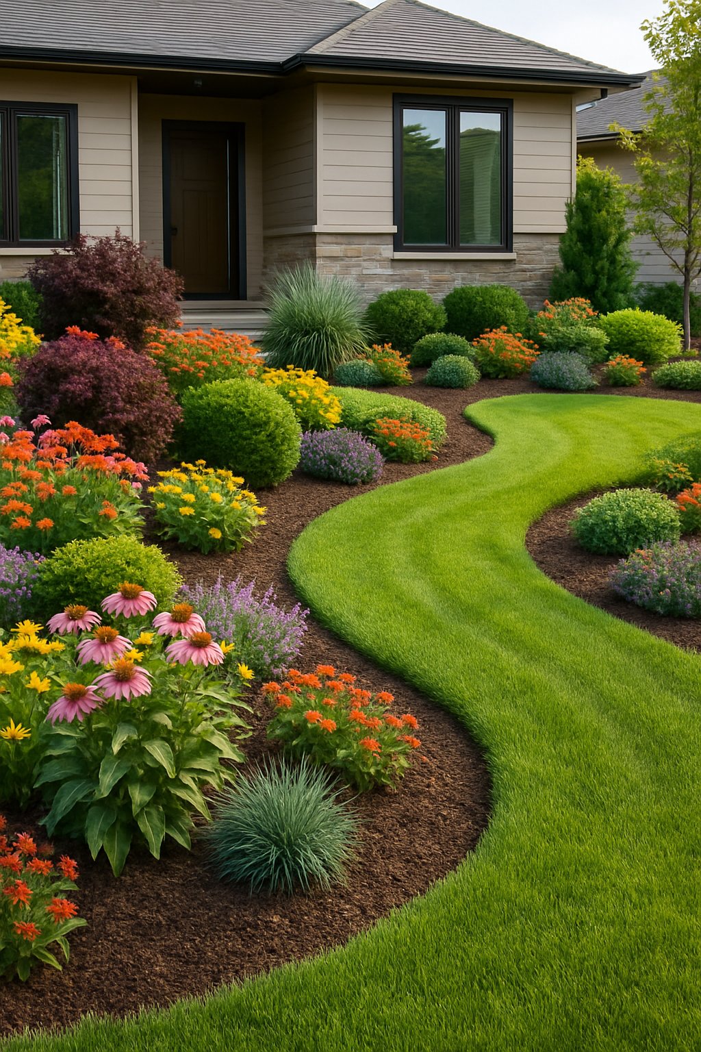Front lawn with curved planting beds filled with colorful flowers and shrubs in front of a house.