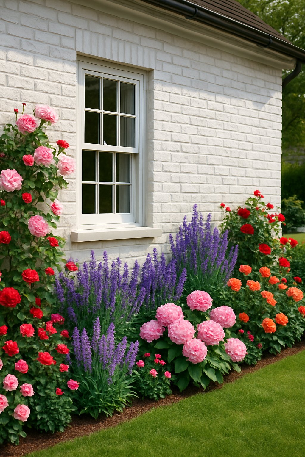 White brick wall in front of a house decorated with colorful flowers and green plants in a garden setting.