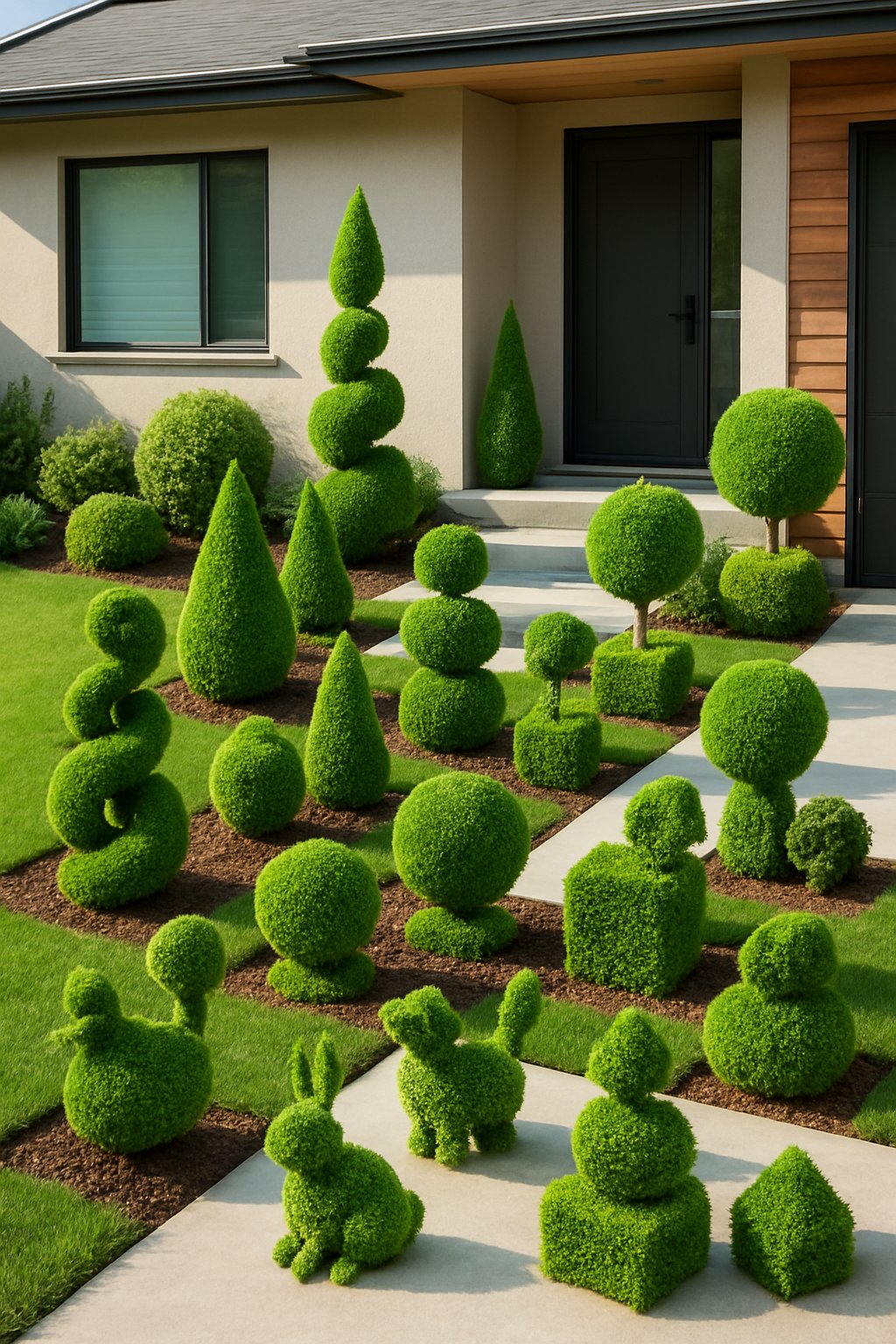 Front yard of a modern house featuring 28 small, neatly trimmed topiary shapes arranged throughout the garden and pathways.