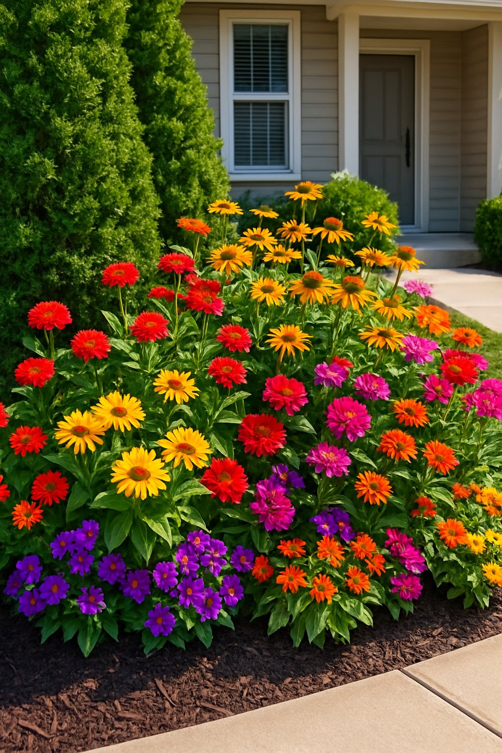 A colorful flower bed with various blooming flowers and evergreen shrubs in front of a house.