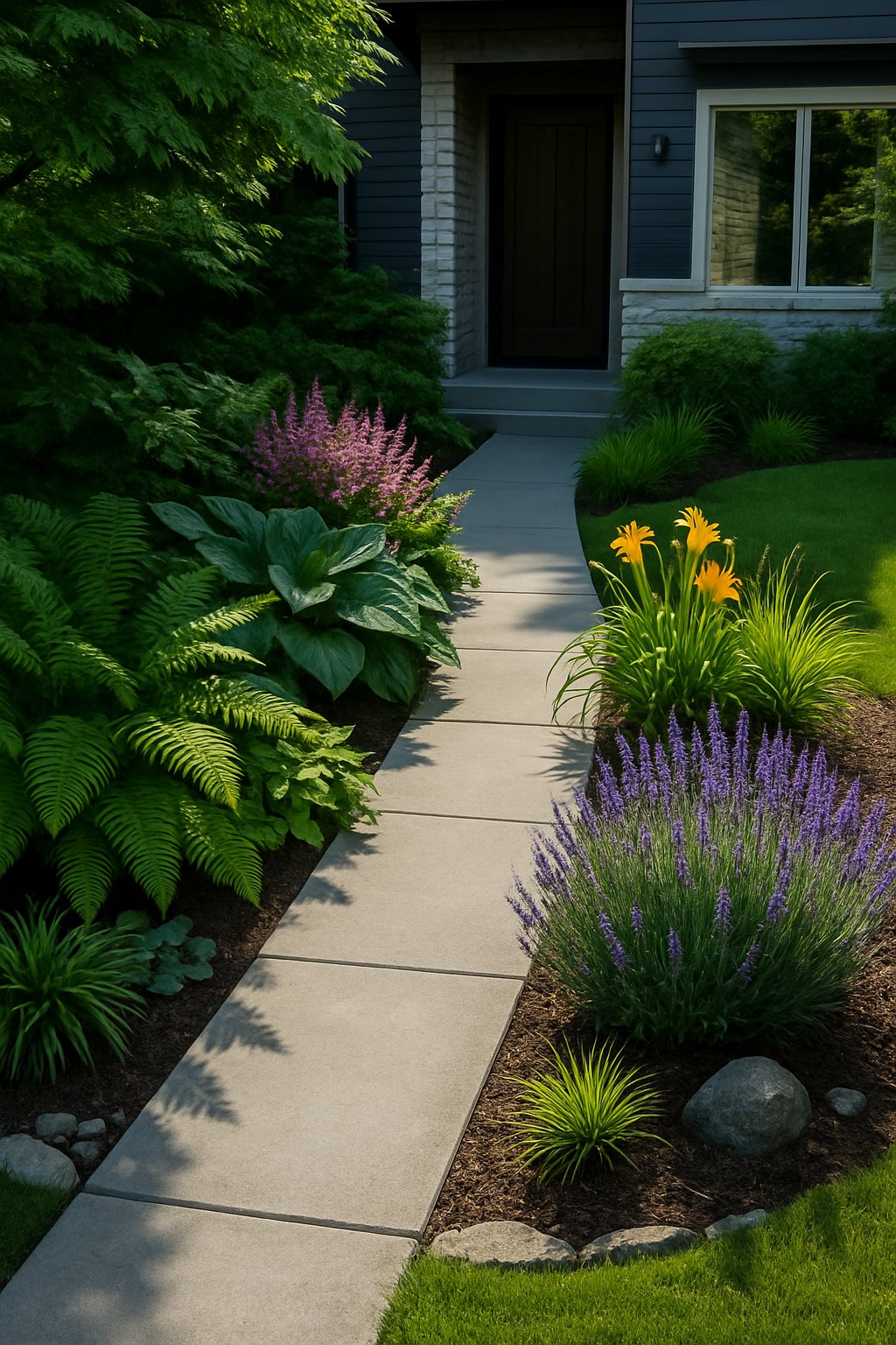 Front yard garden with a mix of shade and sun plants arranged along a pathway leading to a modern house.