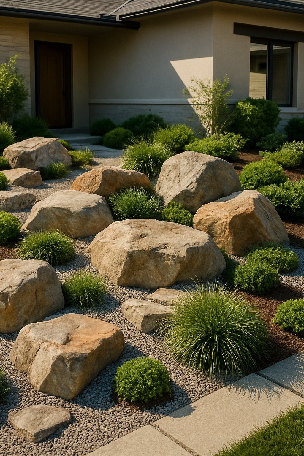 Front yard rock garden with large boulders and green plants in front of a modern house.