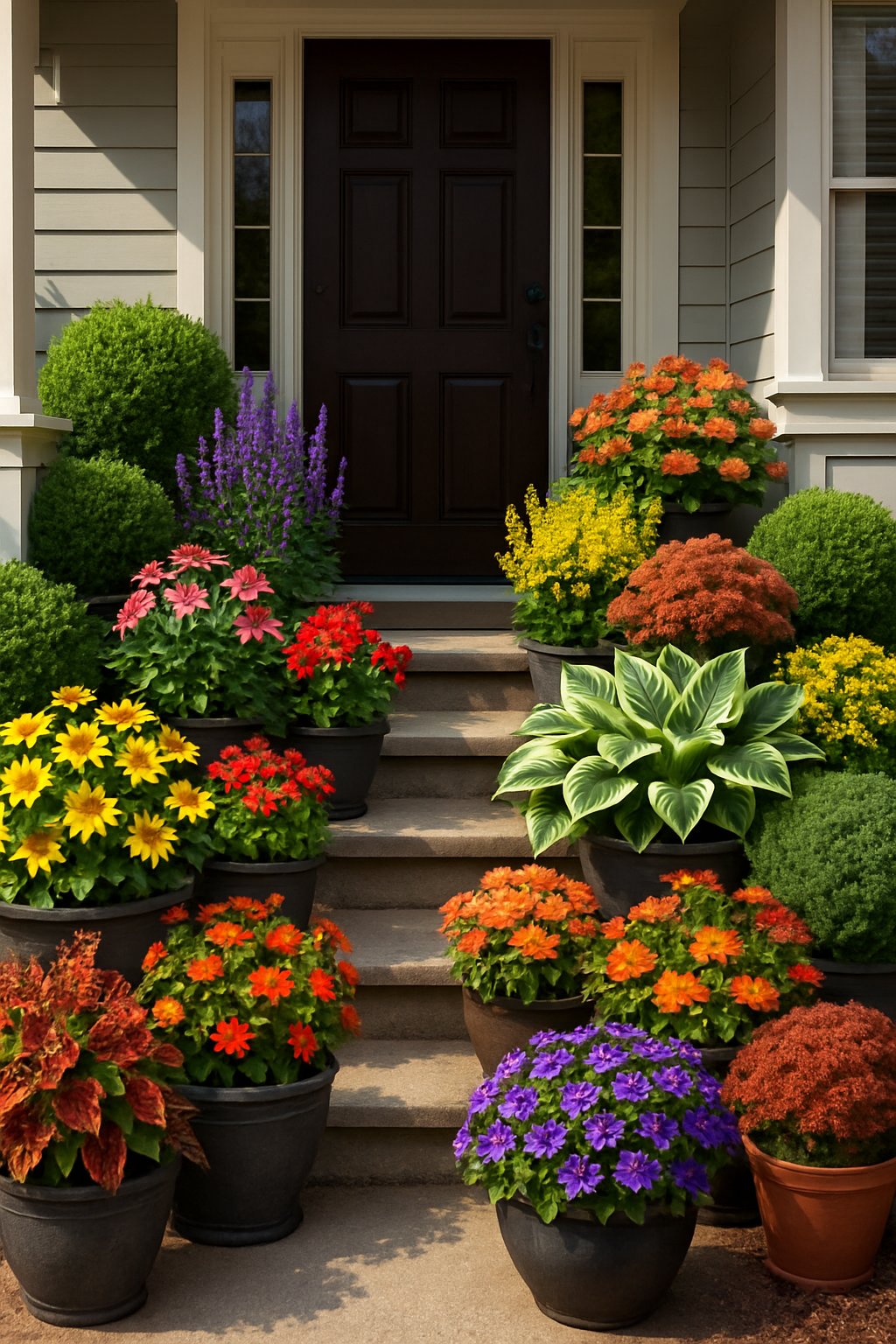 A front porch with a variety of colorful plants and shrubs arranged in decorative planters in front of a house.