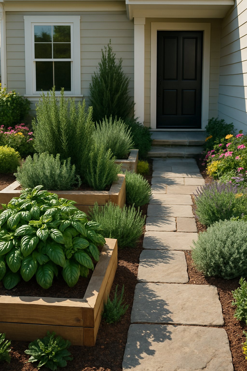 A front yard herb garden near the house entryway with green herbs planted in raised beds and a stone pathway leading to the front door.