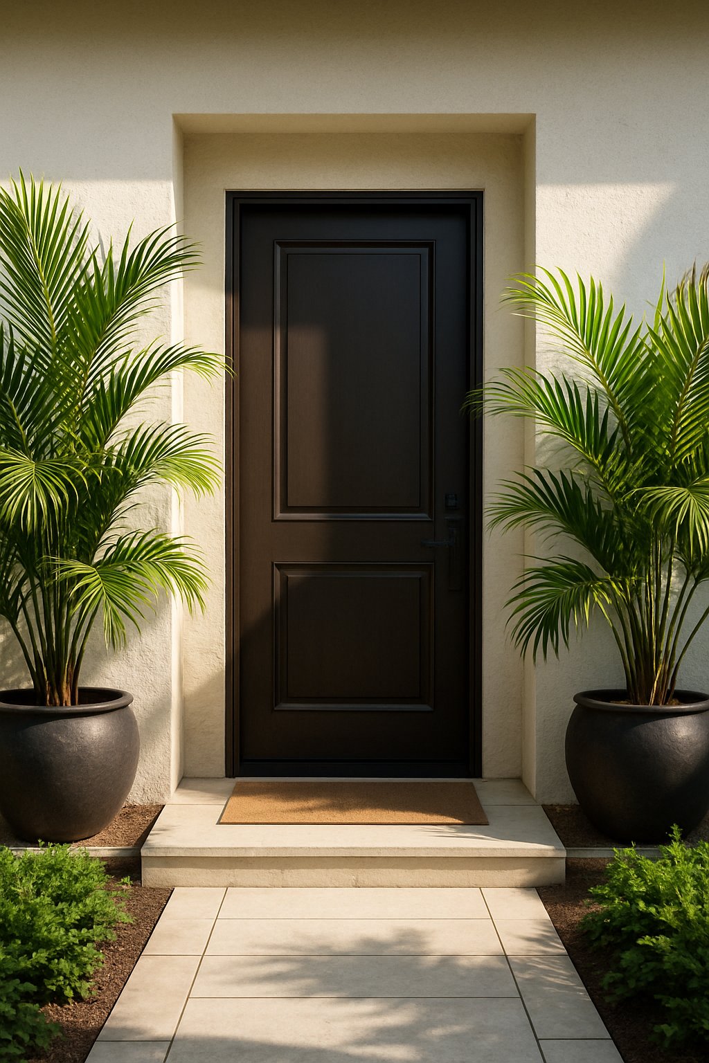 Front entrance of a house with a door flanked by two tall potted palm plants and a clean, landscaped walkway.