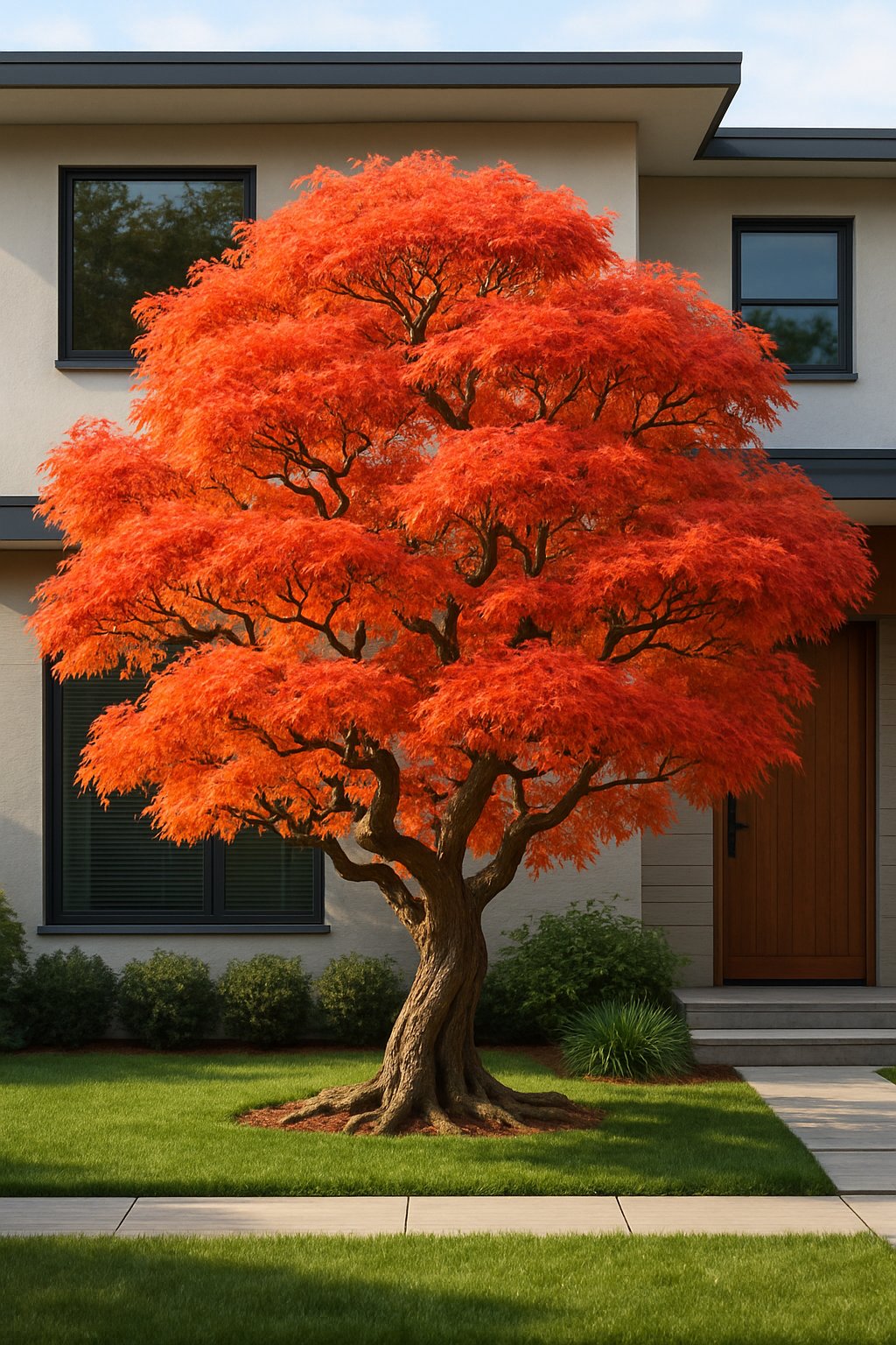 A Japanese maple tree with red and orange leaves stands prominently in front of a modern house surrounded by green grass and stone pathways.