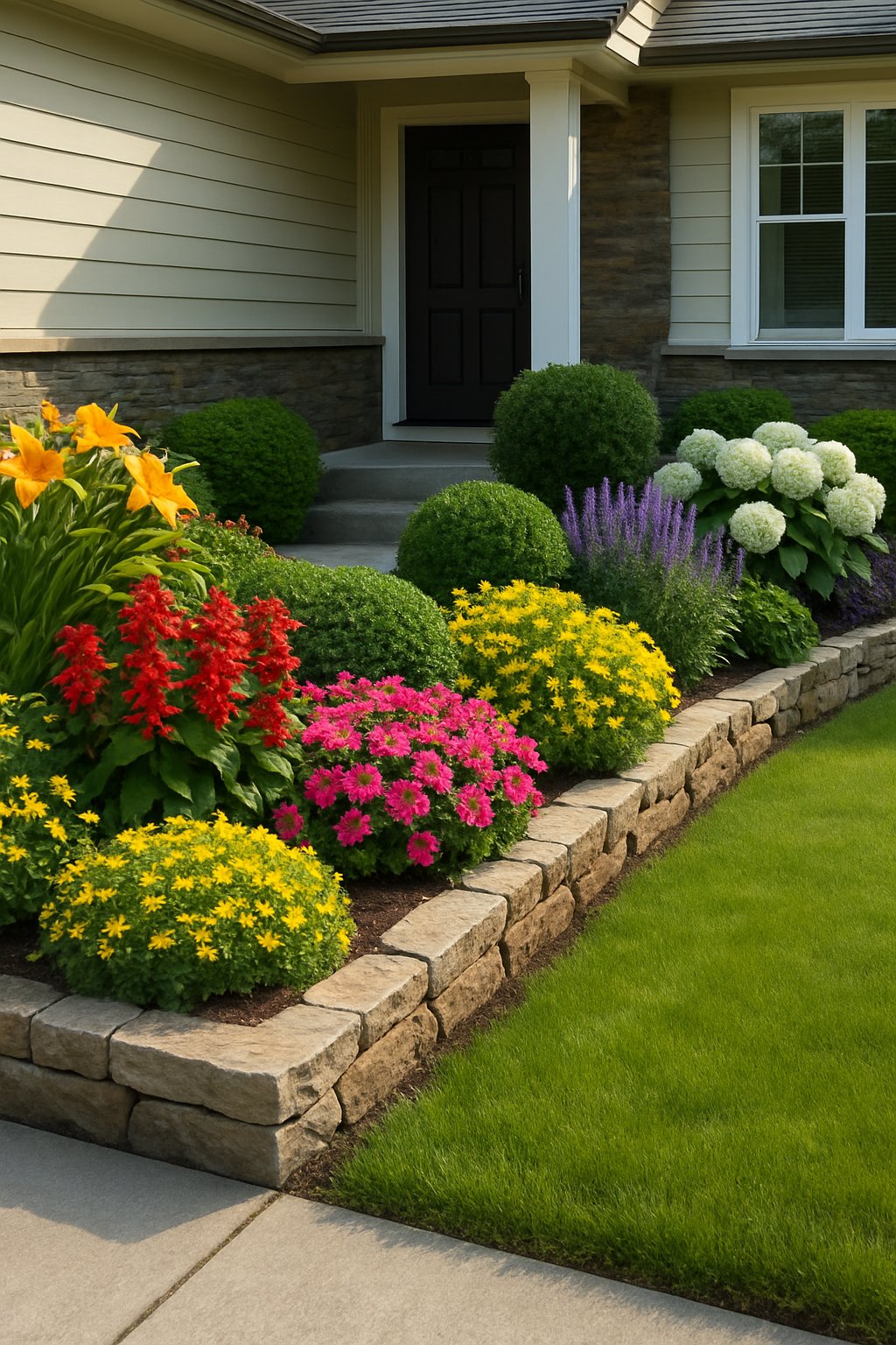 Front yard of a house with flower beds edged by natural stone, filled with blooming flowers and greenery, alongside a paved walkway and manicured lawn.