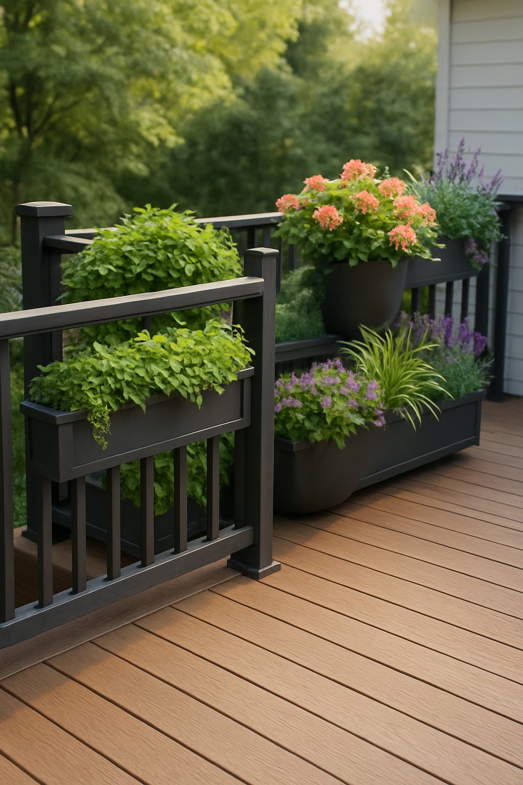 A spacious wooden deck with dark railings featuring built-in planters filled with green plants and colorful flowers.
