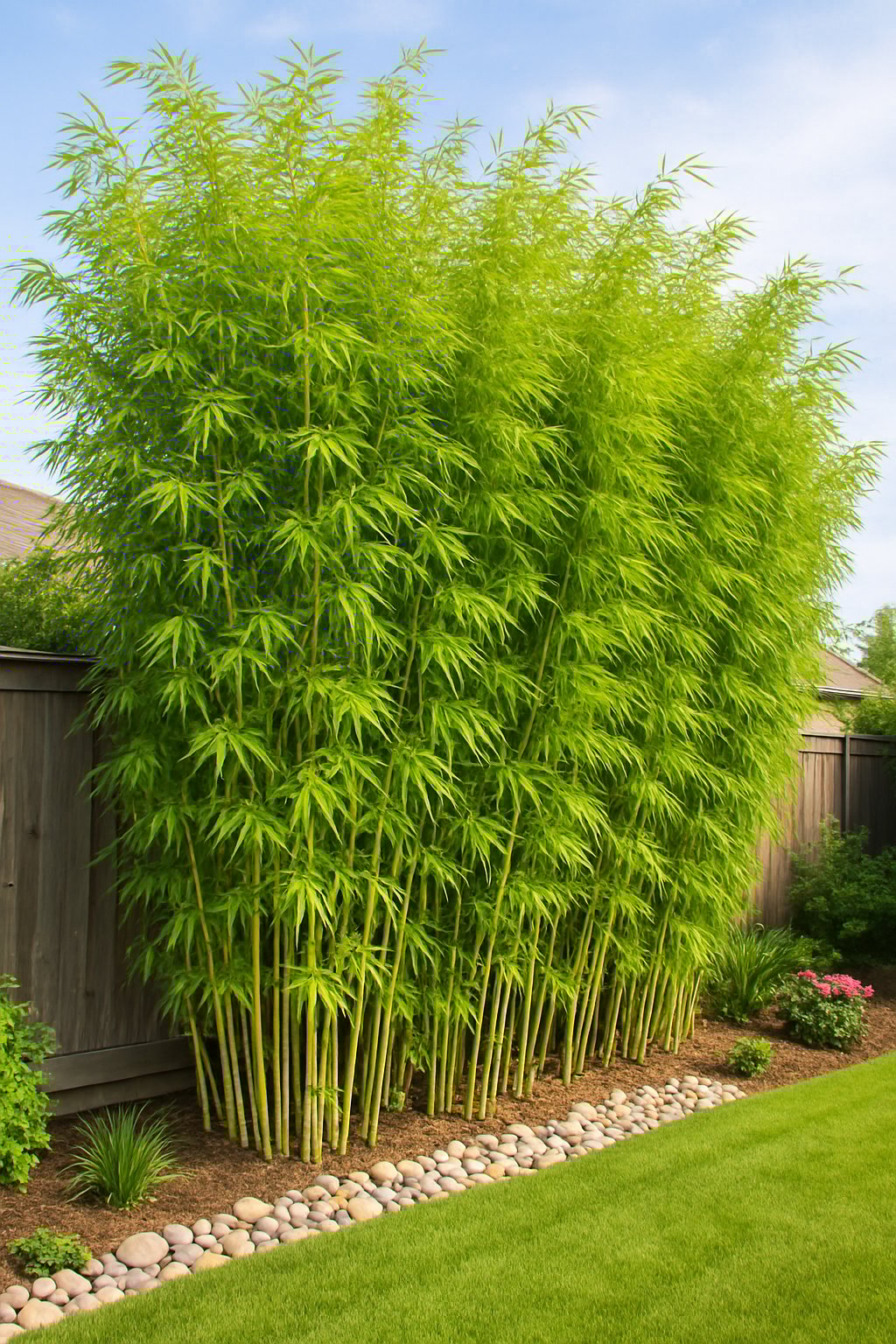 A tall, dense bamboo hedge growing along a residential fence line with a garden featuring grass and flowering plants.