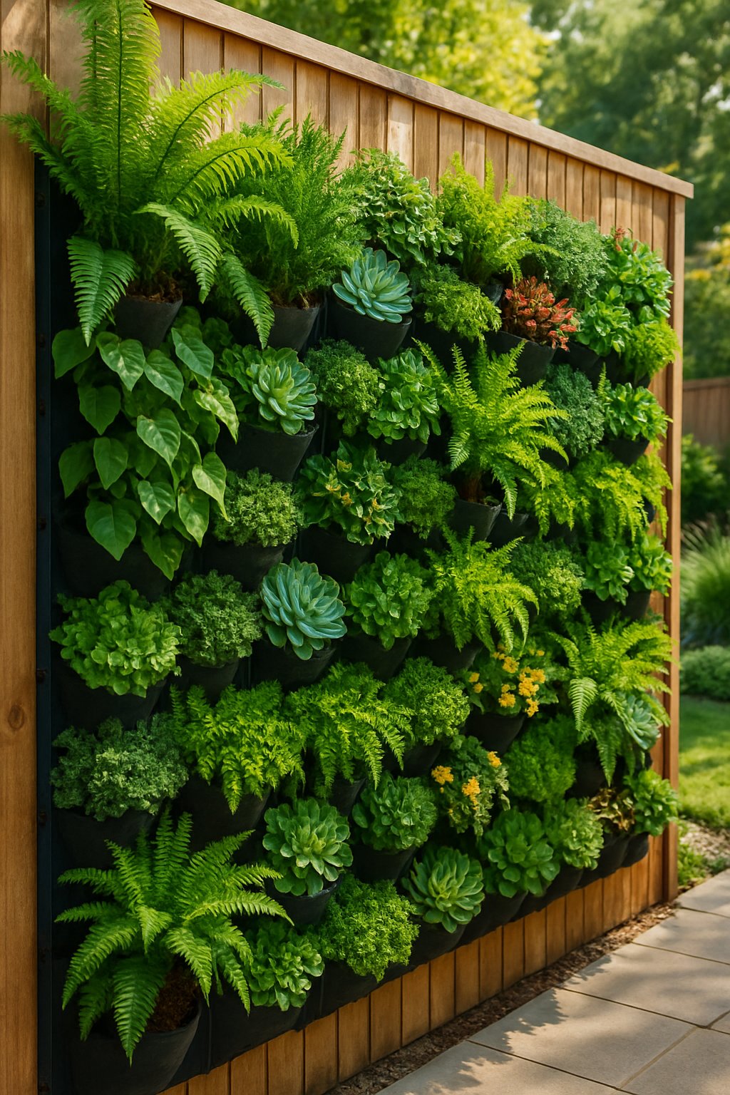 A fence covered with vertical planter pockets filled with various green plants and flowers, forming a living wall in a garden.