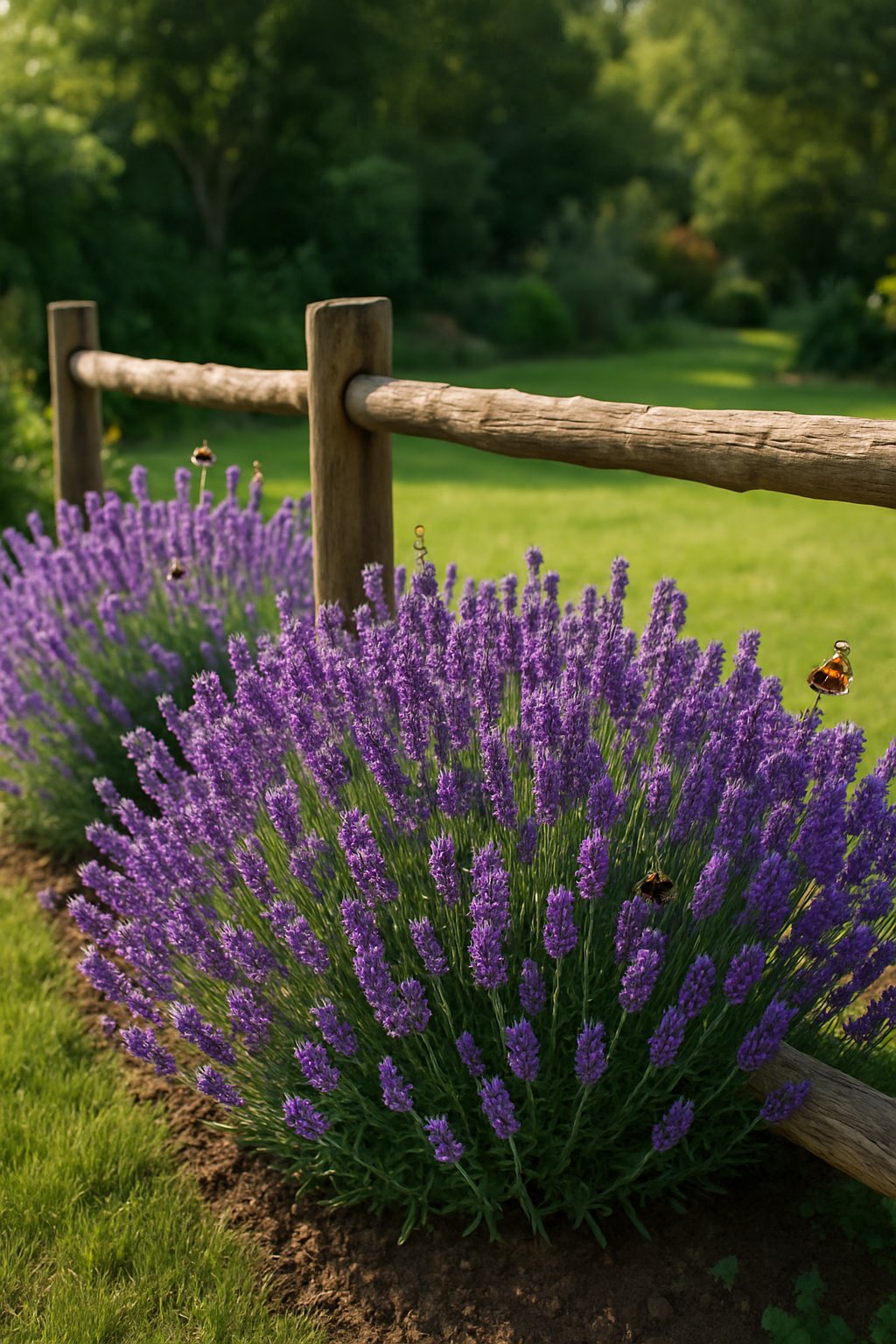 A wooden fence lined with blooming lavender bushes attracting bees and butterflies in a garden.