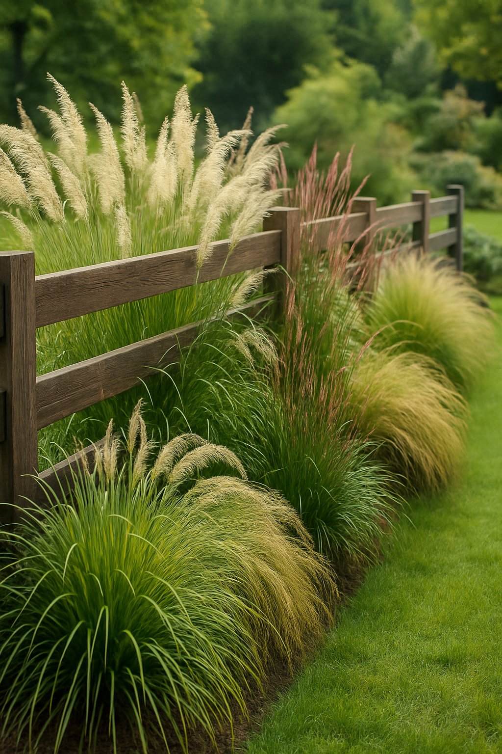 A wooden fence lined with tall ornamental grasses gently swaying in a garden setting.
