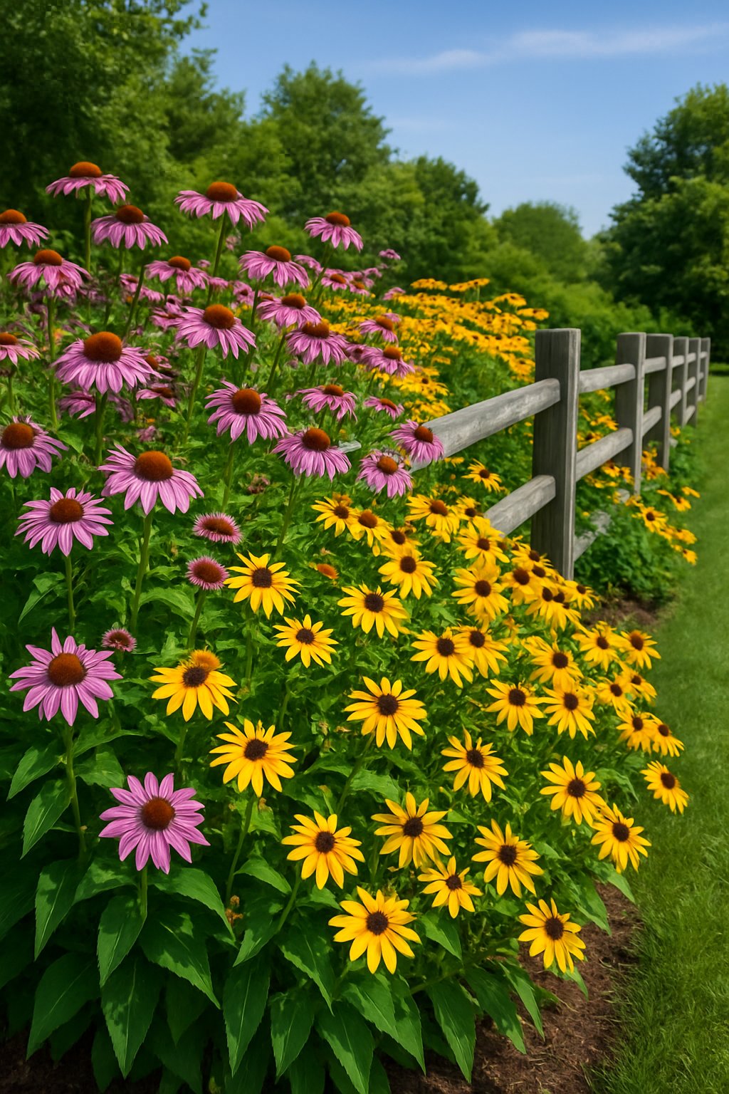 A colorful garden fence line planted with purple coneflowers and yellow black-eyed Susans in full bloom.