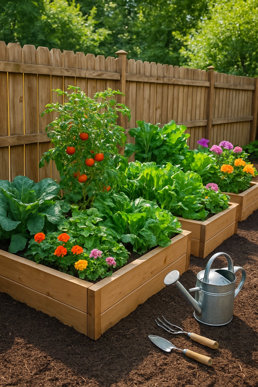 Backyard with raised wooden garden beds along a wooden fence, filled with vegetables and flowers.