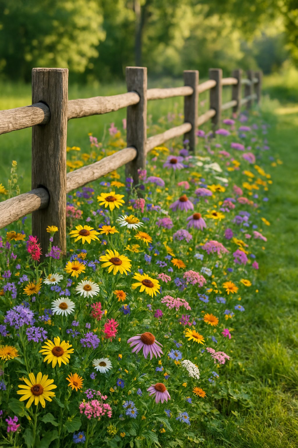 A wooden fence lined with colorful native wildflowers blooming in a natural garden setting.