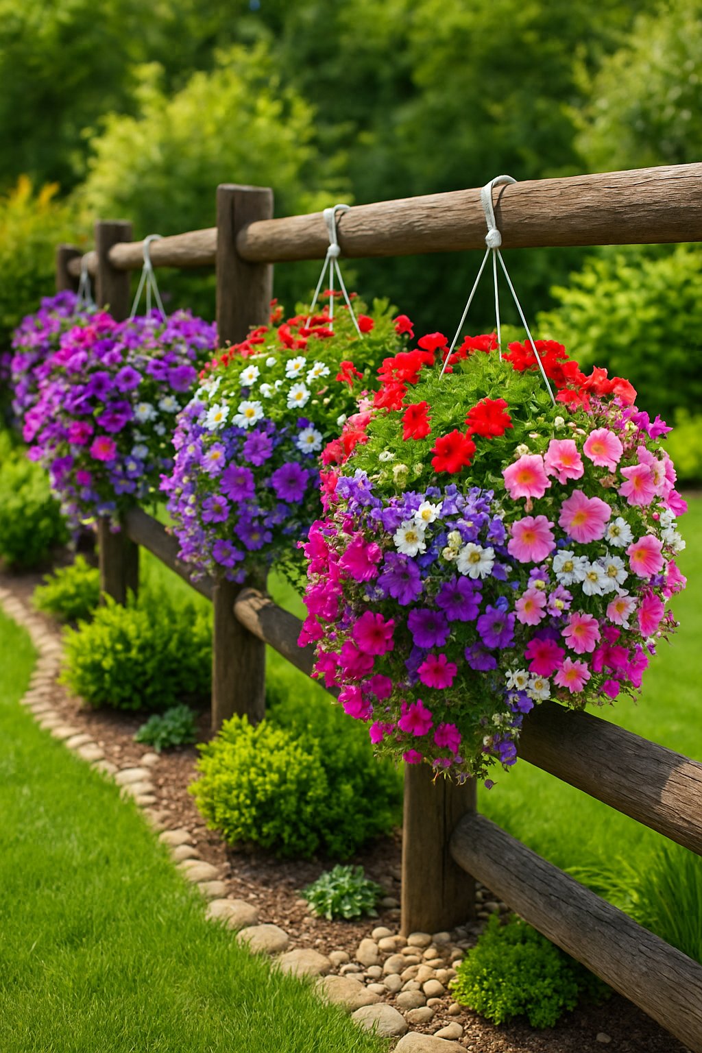 A wooden fence decorated with colorful hanging flower baskets and surrounded by green grass and shrubs.