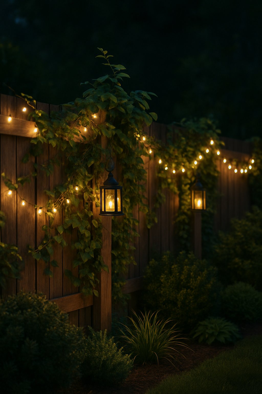 A wooden fence at night decorated with glowing fairy lights and lanterns intertwined with green vines, surrounded by plants.