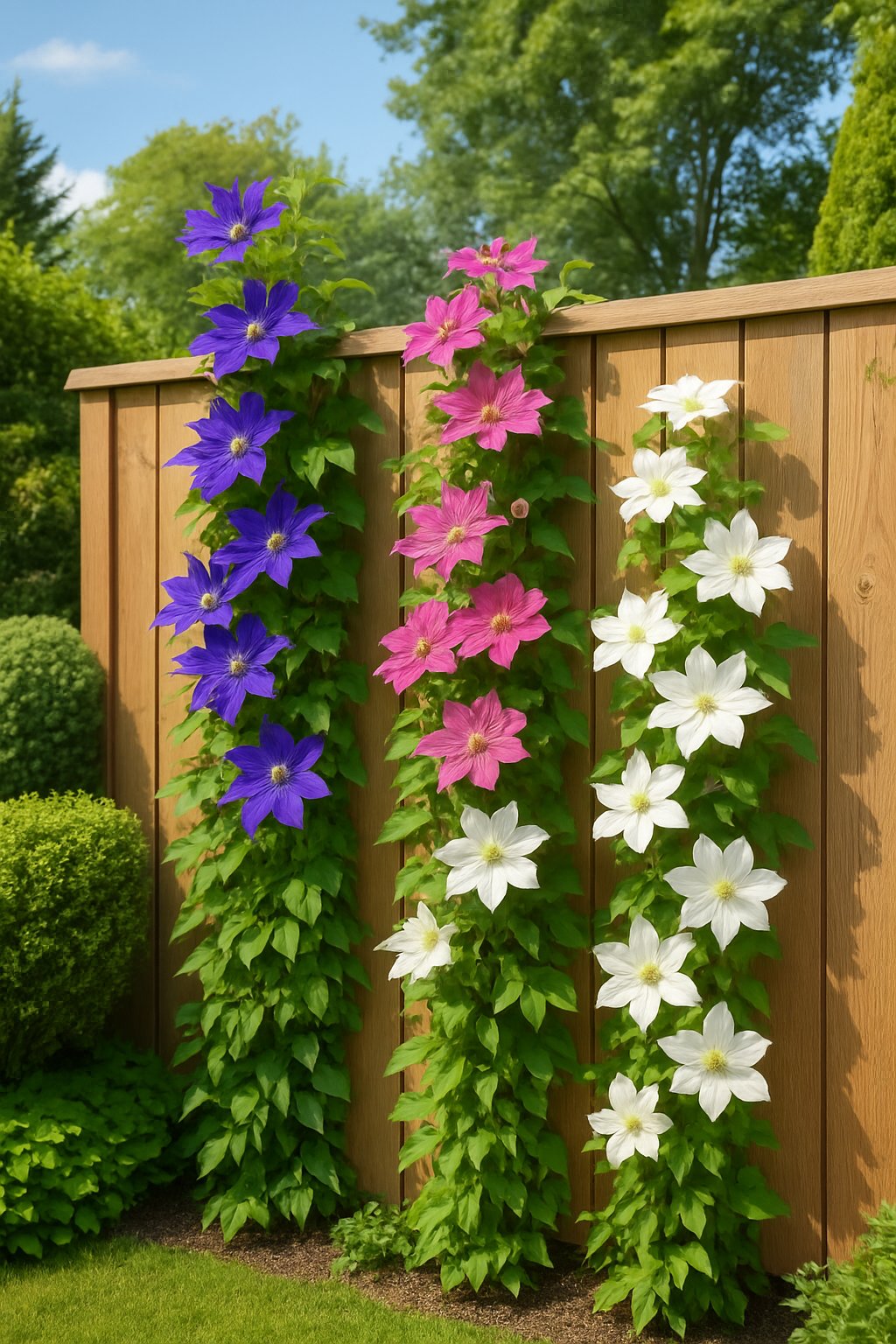 A wooden fence covered with colorful clematis flowers climbing vertically in a garden with green plants and clear sky.