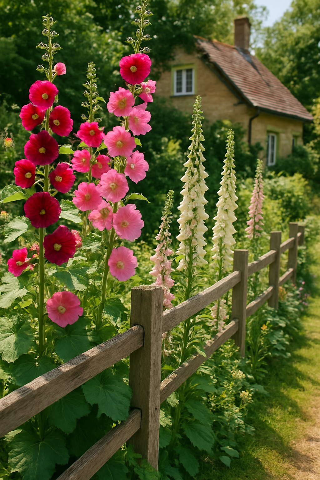A garden with tall hollyhocks and foxgloves growing alongside a wooden fence.