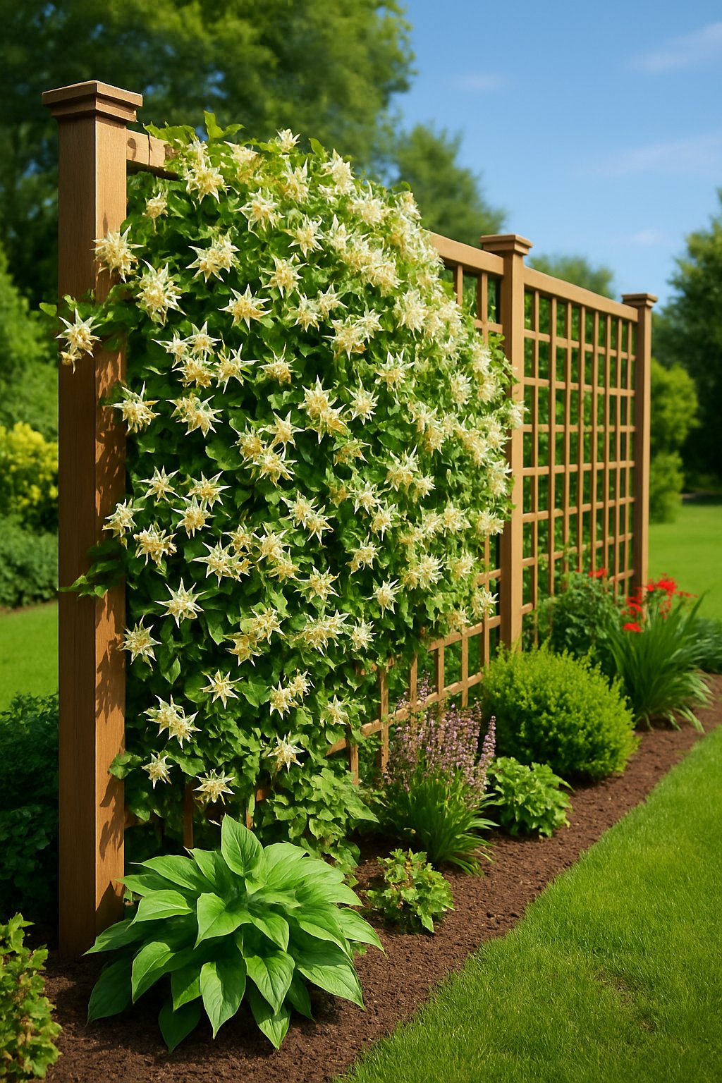 A garden fence with a wooden trellis covered in blooming jasmine or honeysuckle vines surrounded by green plants and flowers.