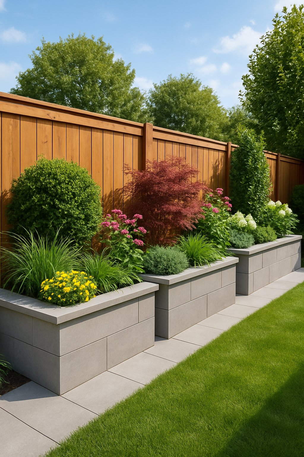A neat outdoor garden with raised stone planters filled with green plants and flowers along a wooden fence.