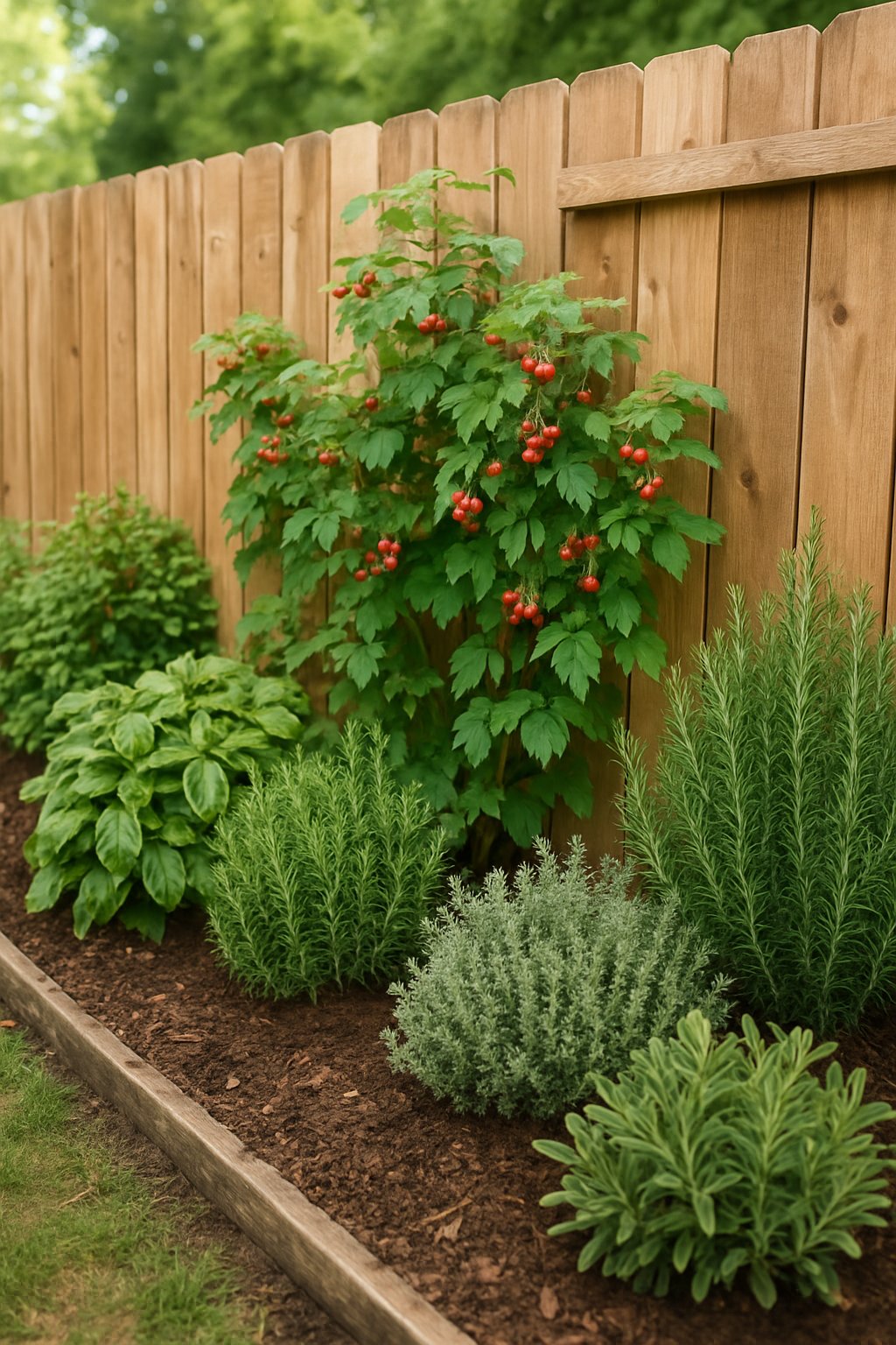 A backyard fence lined with green herbs and raspberry bushes bearing ripe red berries.