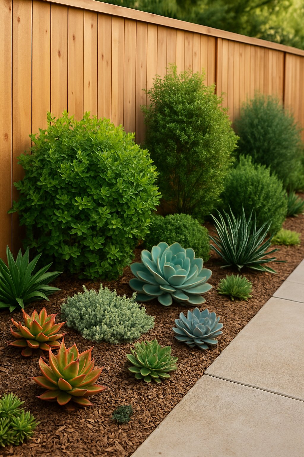 A fence line landscaped with green shrubs and various succulents arranged along the base, with natural ground cover and soft sunlight.