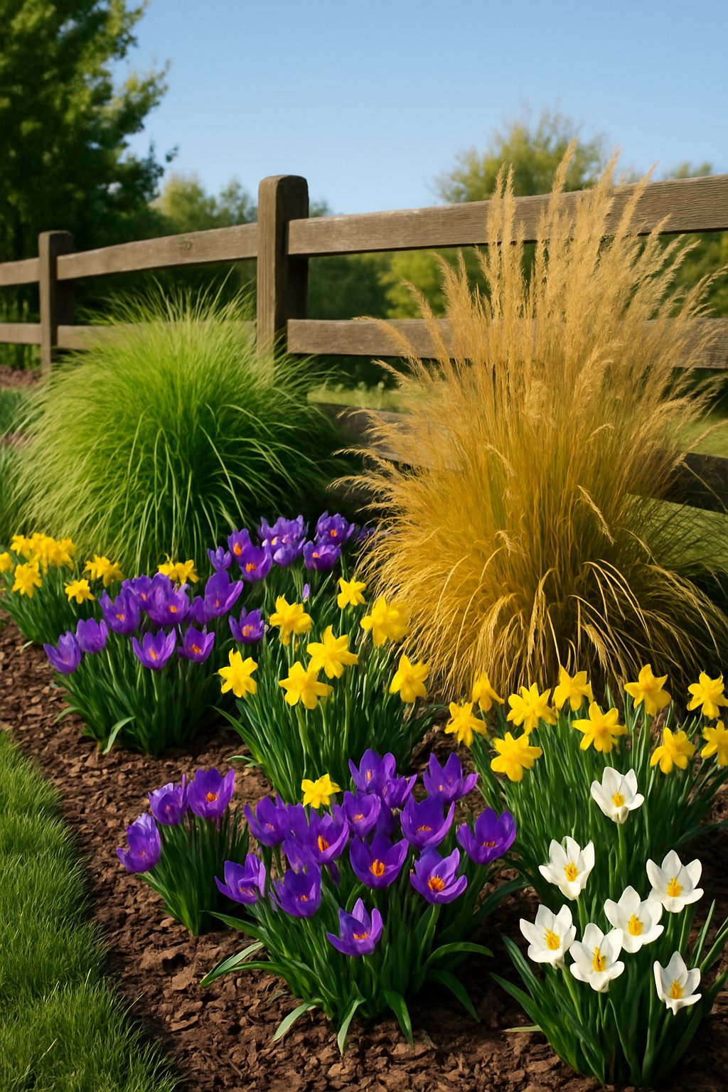 A fence lined with ornamental grasses and colorful flowering bulbs in a garden setting under a clear sky.
