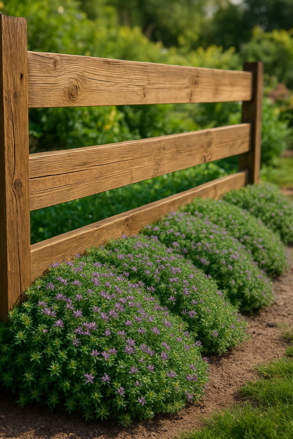 A wooden fence with dense creeping thyme ground cover growing at its base in a garden setting.
