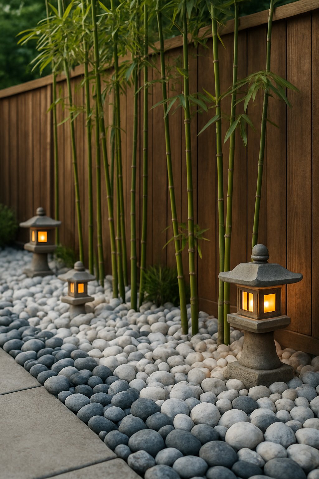 A narrow garden strip along a wooden fence with bamboo plants, smooth pebbles, and small stone lanterns.
