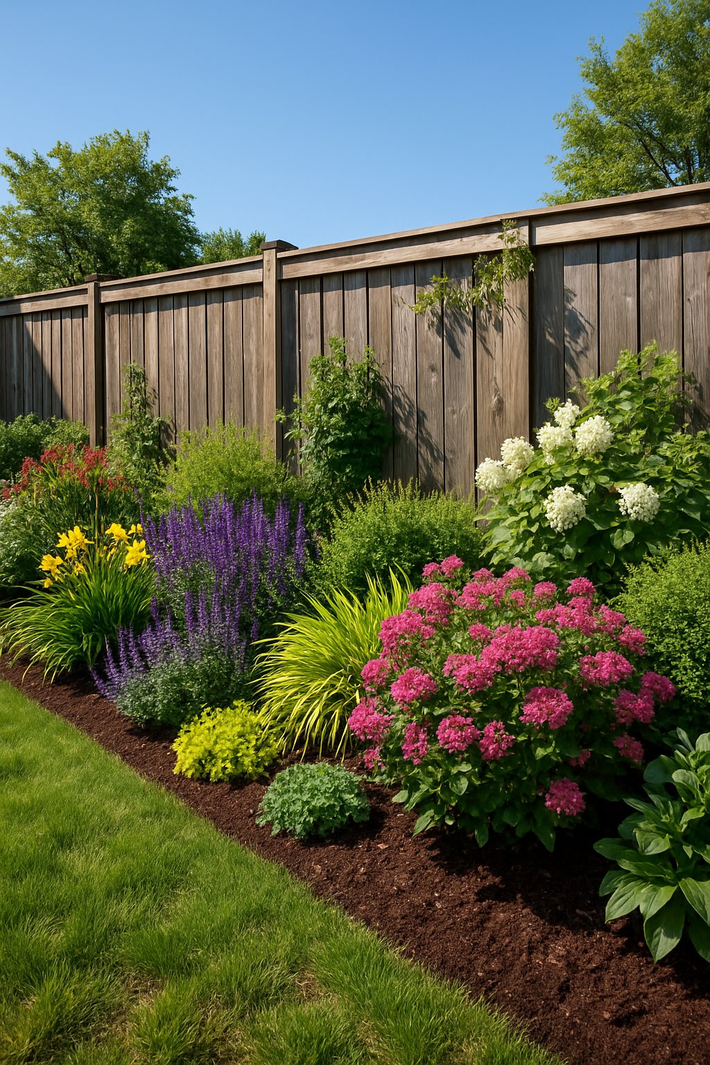 A backyard fence lined with a variety of healthy plants including shrubs, grasses, and flowers under a clear blue sky.