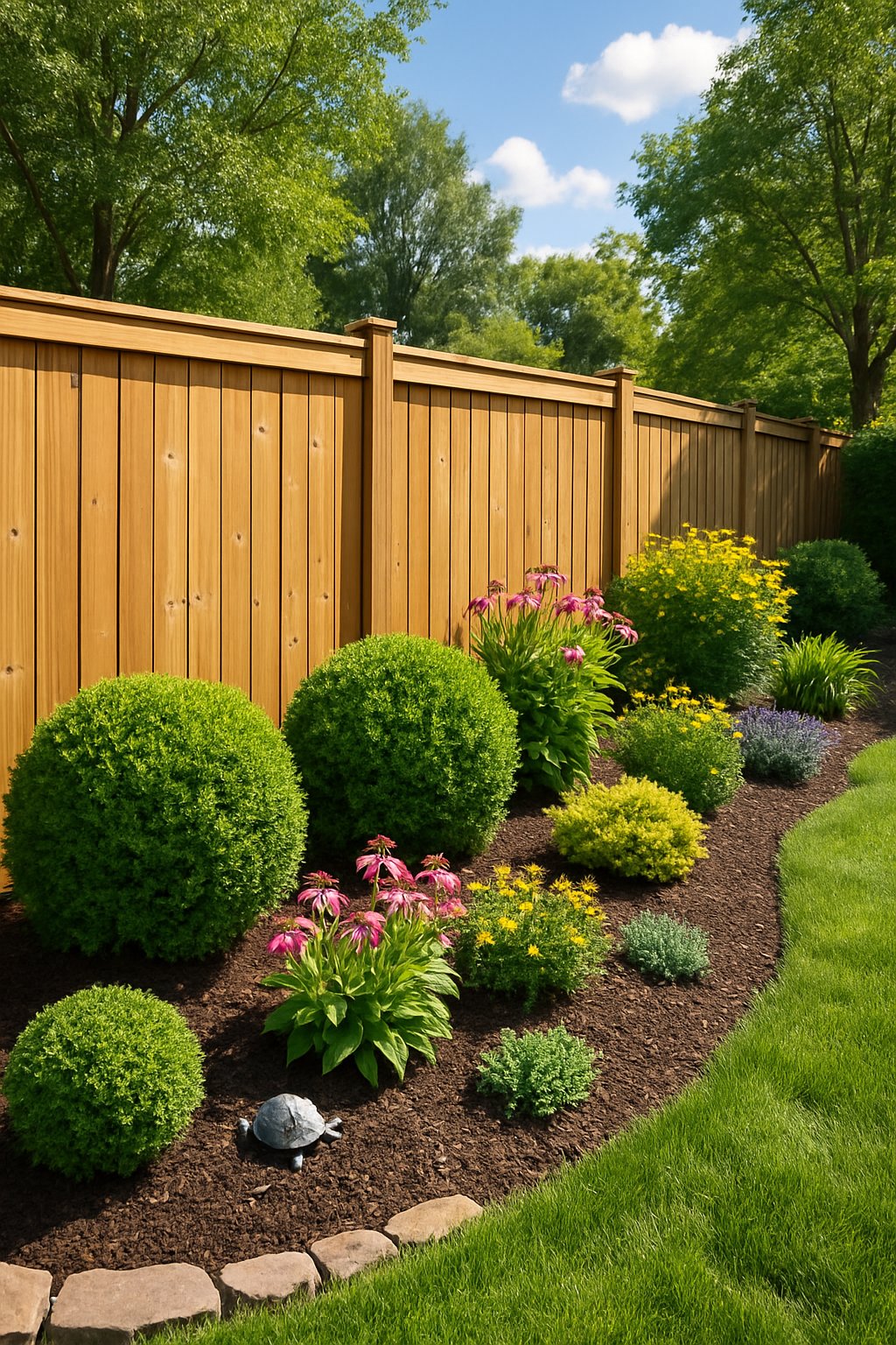 A neatly landscaped fence line with trimmed shrubs, flowering plants, and mulch under a wooden fence in a sunny garden.