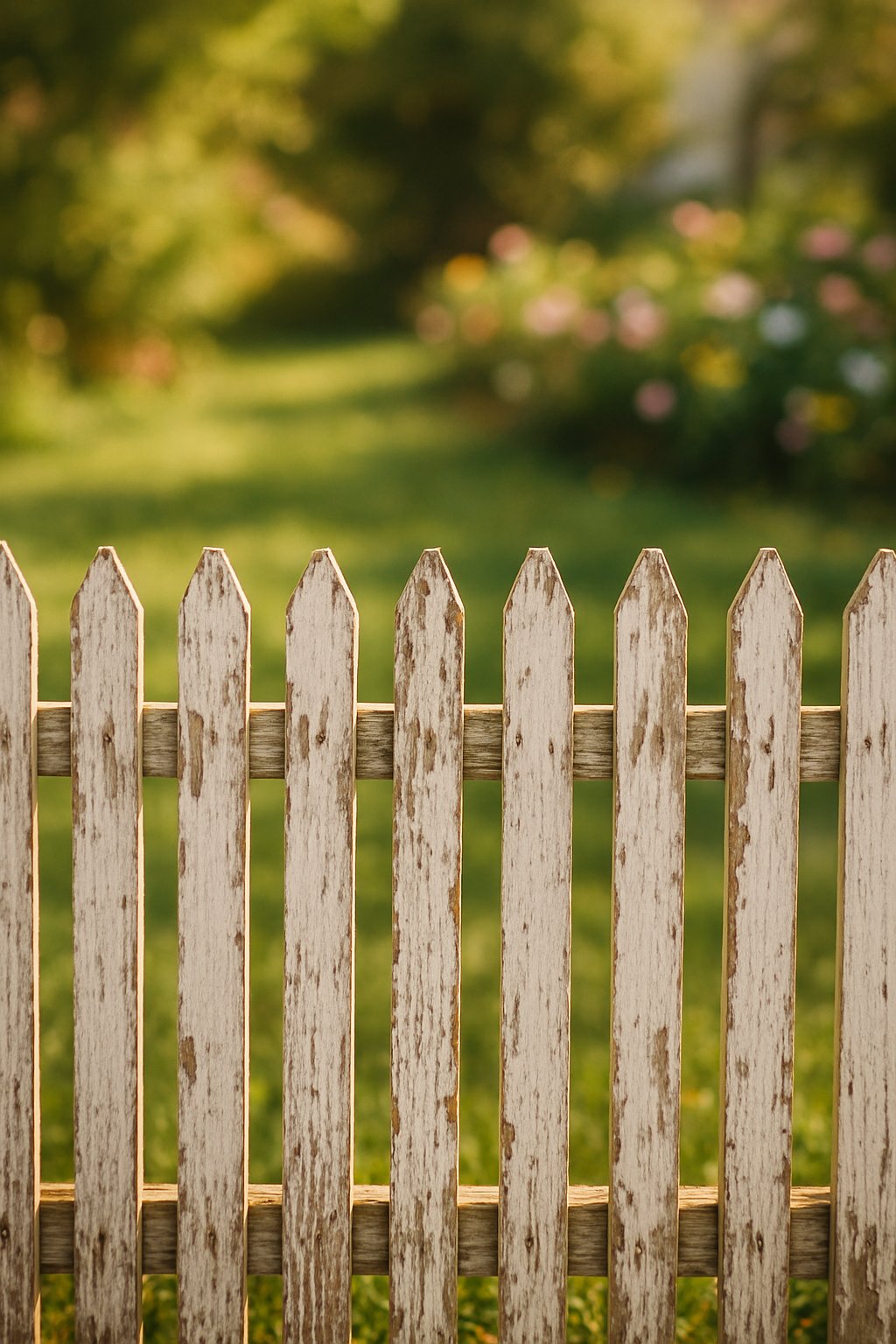 A weathered white picket fence with chipped paint in front of a garden with green grass and flowers.