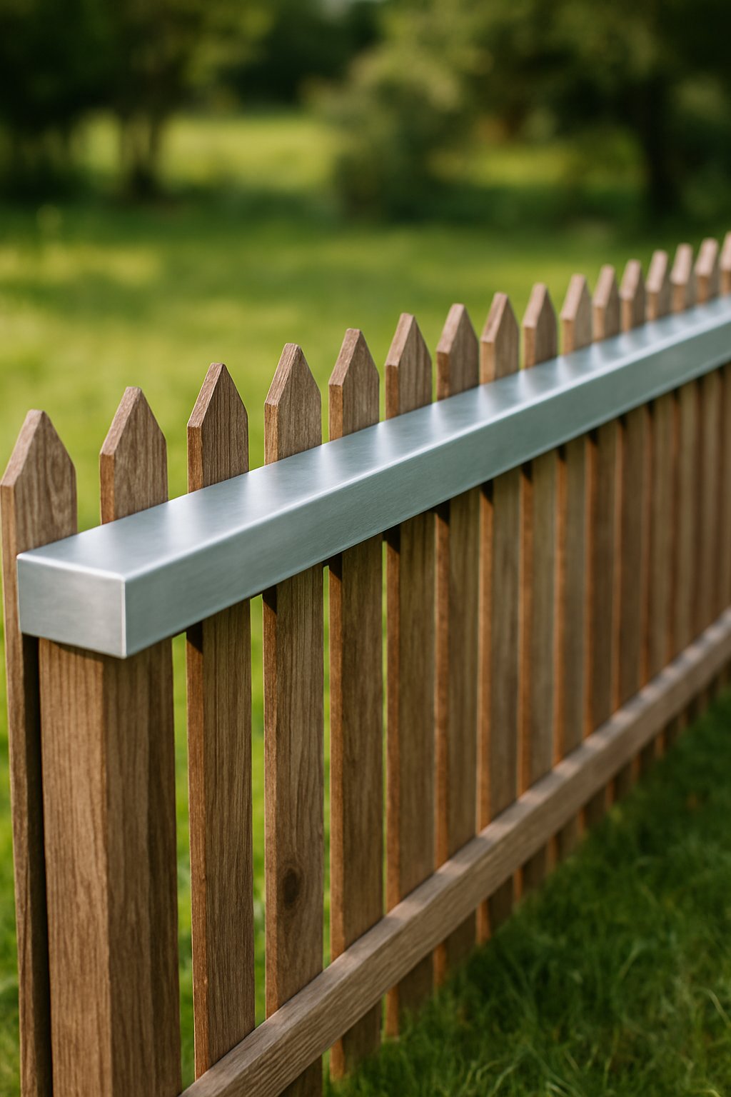 A wooden picket fence with a metal top running along a green grassy yard under natural daylight.