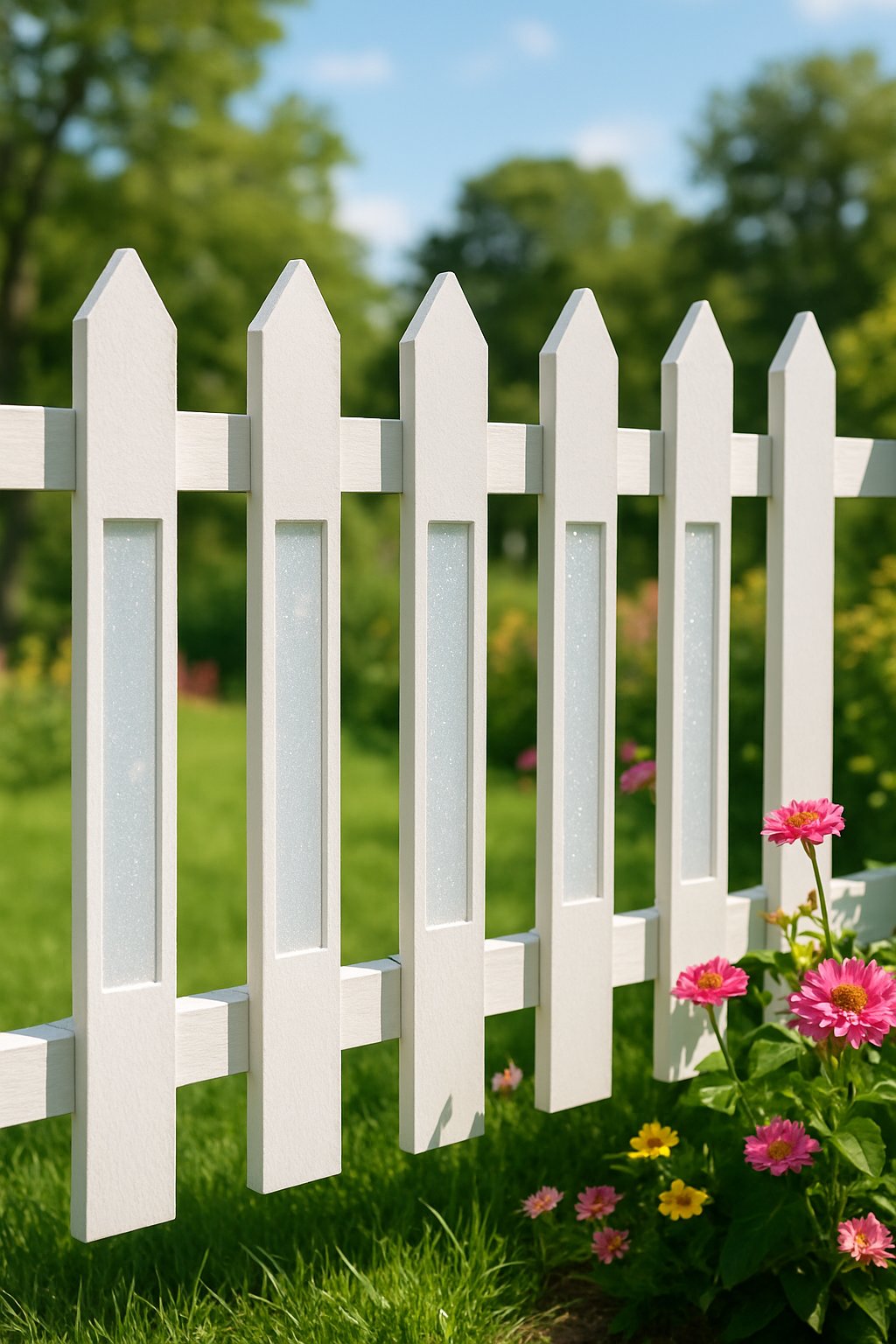 A white picket fence with opal glass inserts in a sunny garden with green grass and colorful flowers.