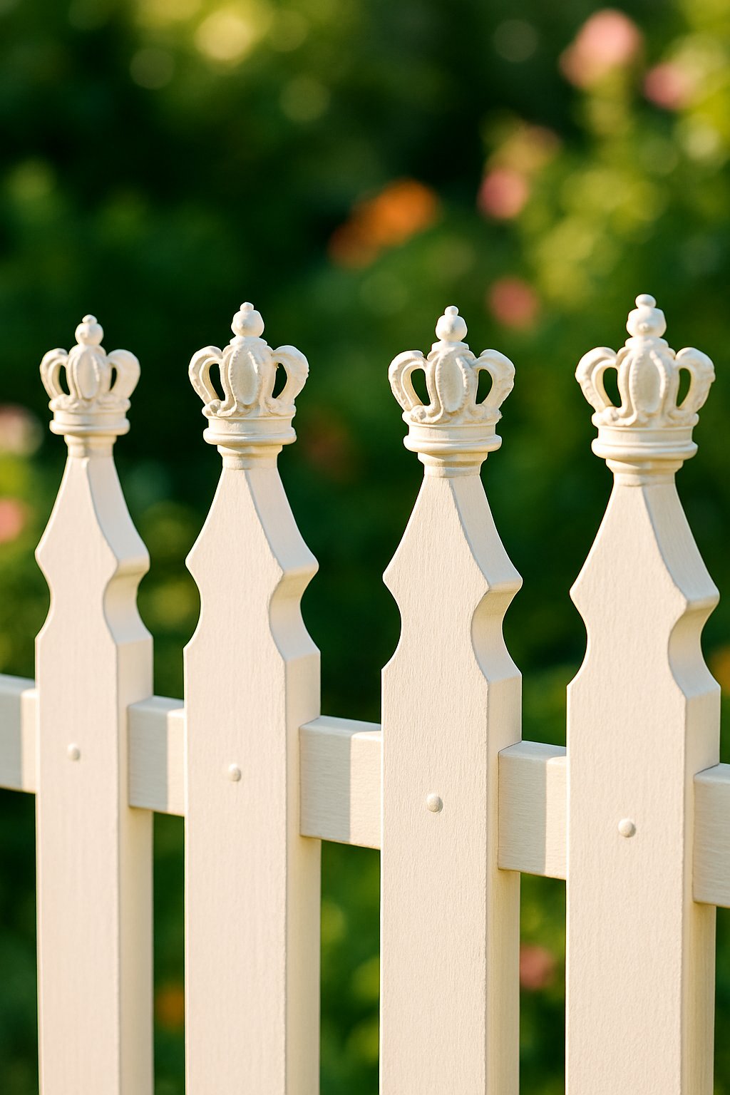 Close-up of a white picket fence with small crown-shaped decorations on top of each picket, set against a blurred garden background.