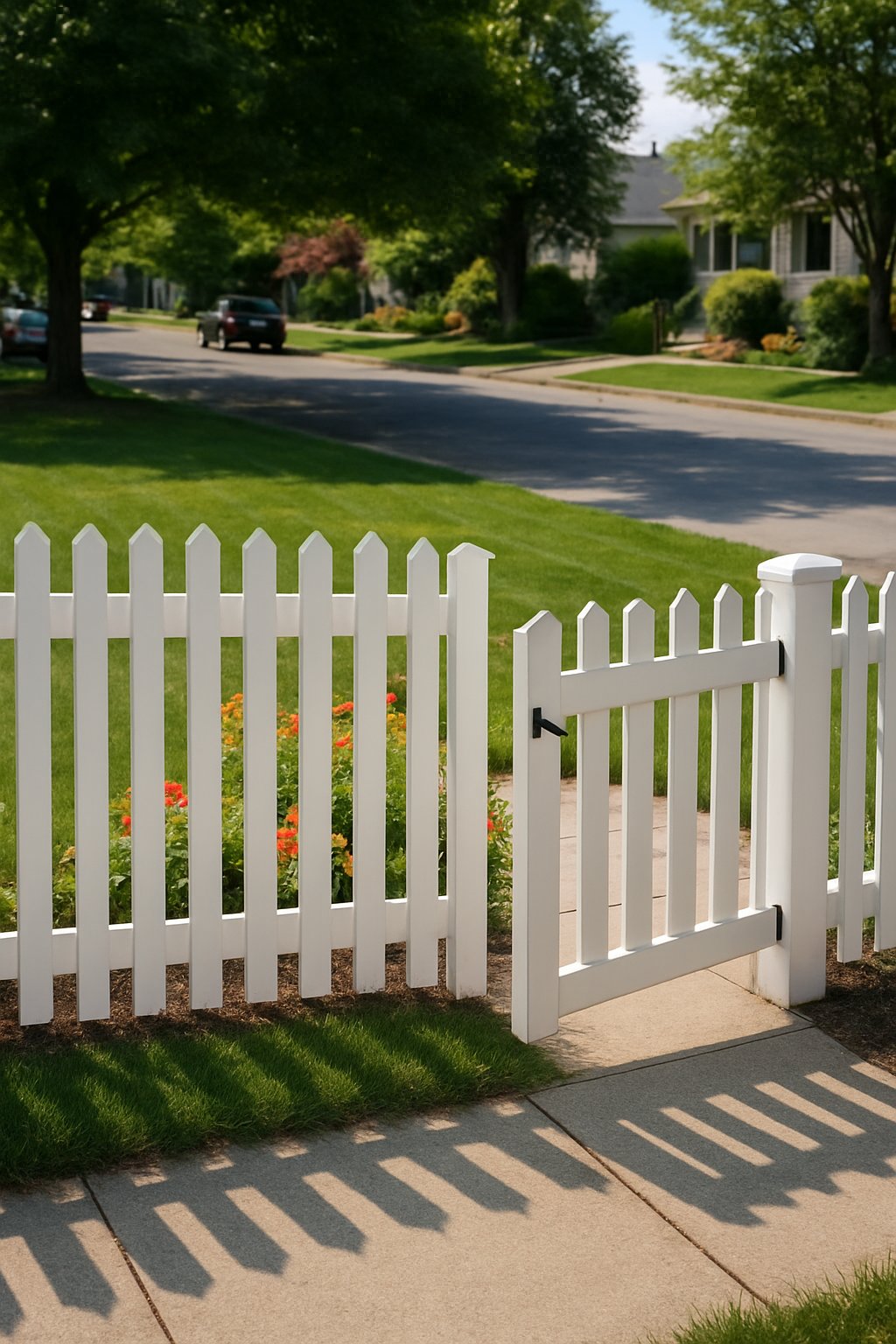 A white half picket fence with an open gate, green lawn, flowers, and houses in the background along a quiet street.