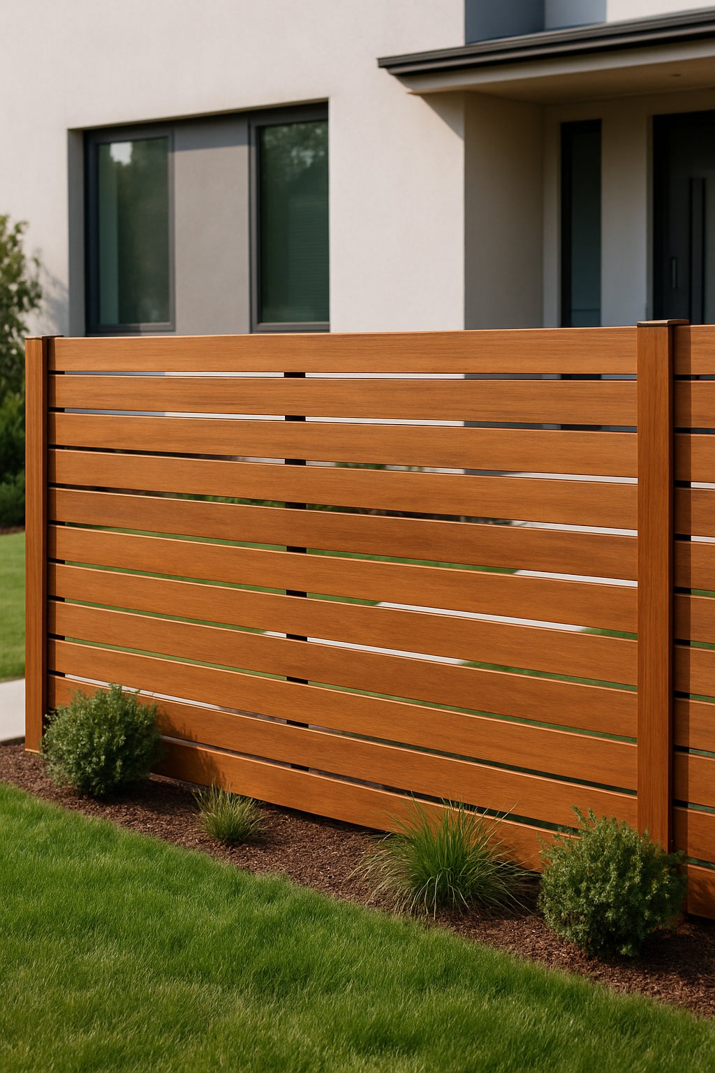 A front yard with a modern horizontal wooden slat fence, green lawn, and a house in the background.