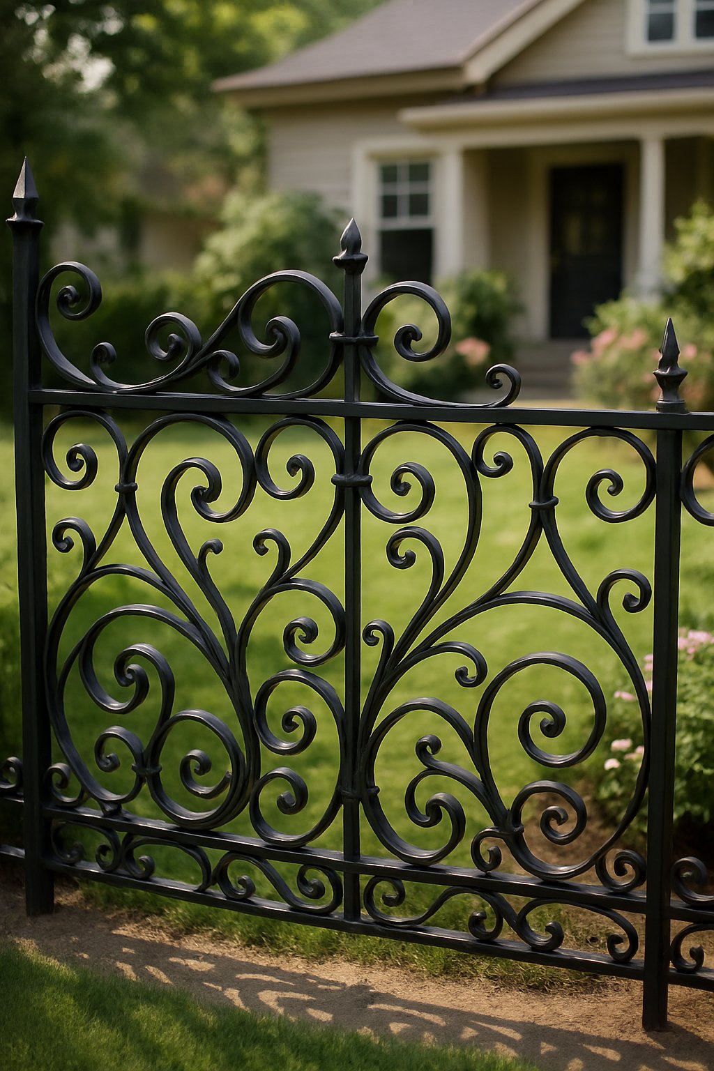 A wrought iron fence with decorative scrollwork in front of a house with a green lawn and plants.