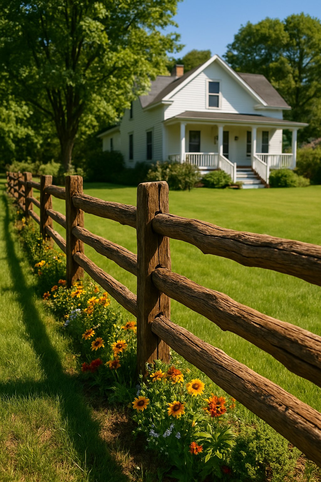 A rustic wooden split-rail fence in a sunny front yard with grass, wildflowers, shrubs, and a country house in the background.