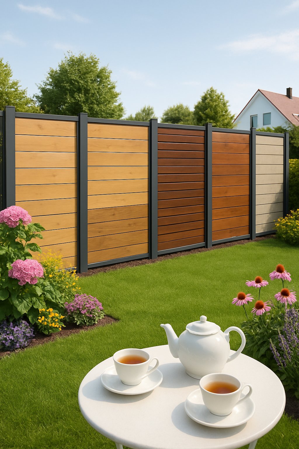 A front yard with a modular wooden panel fence, a garden with flowers, and a small outdoor tea party setup.