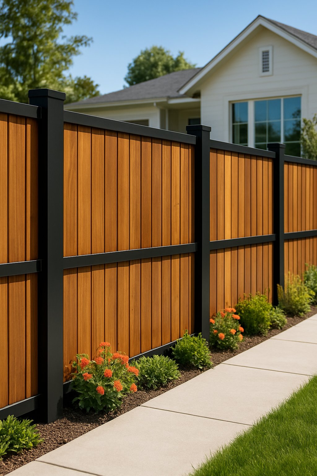 A front yard fence made of wood and metal with a green lawn and flowering plants in front of a modern house.