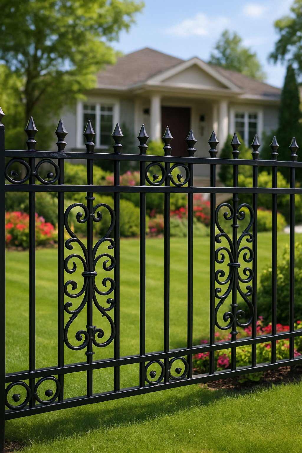 A decorative metal fence surrounds a green front yard with flowers and shrubs in front of a suburban house under a clear sky.