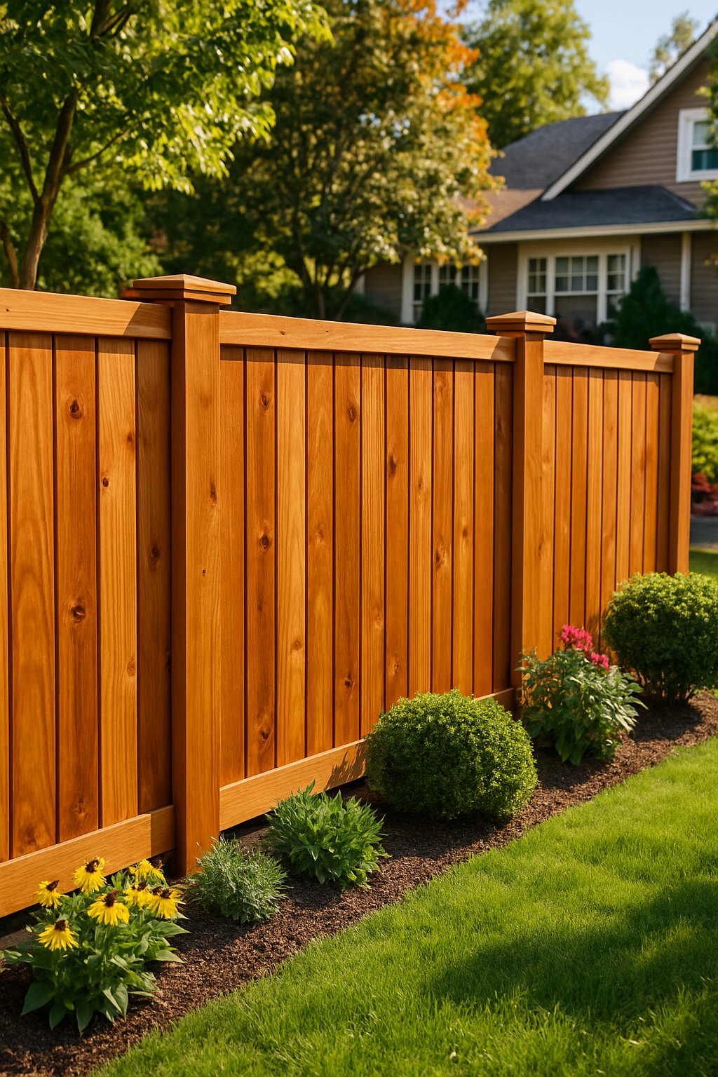 A cedar wood fence enclosing a green front yard with flowers and shrubs, sunlight casting gentle shadows, and a house partially visible in the background.