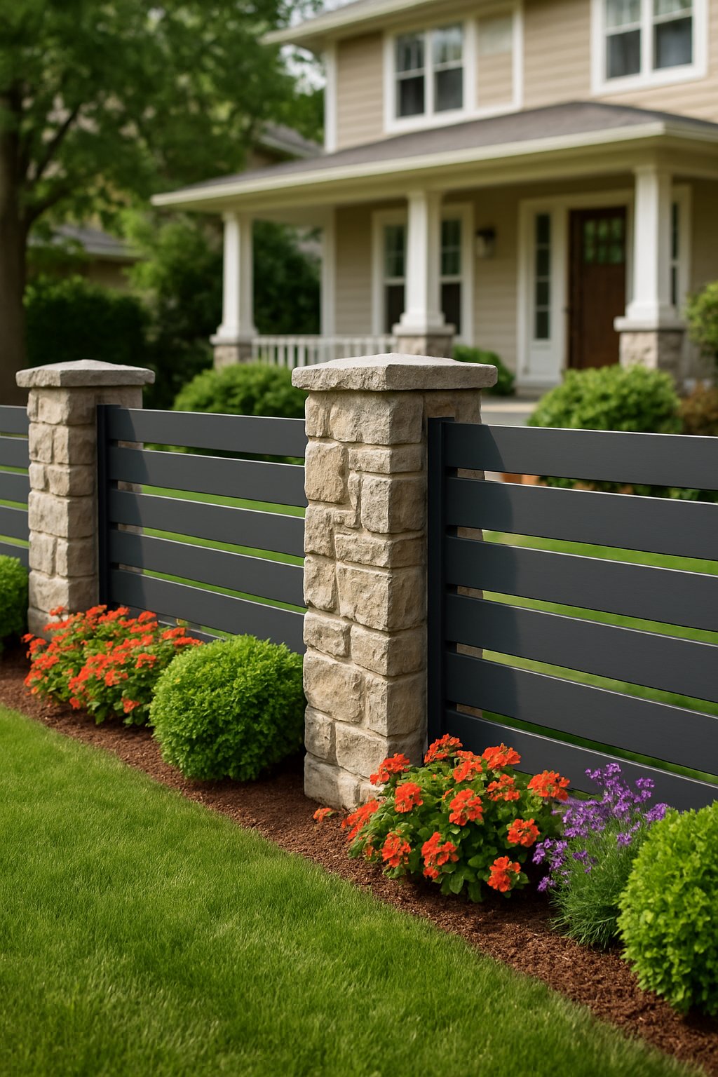 A front yard with a stone pillar fence, green lawn, flower beds, and a suburban house in the background.
