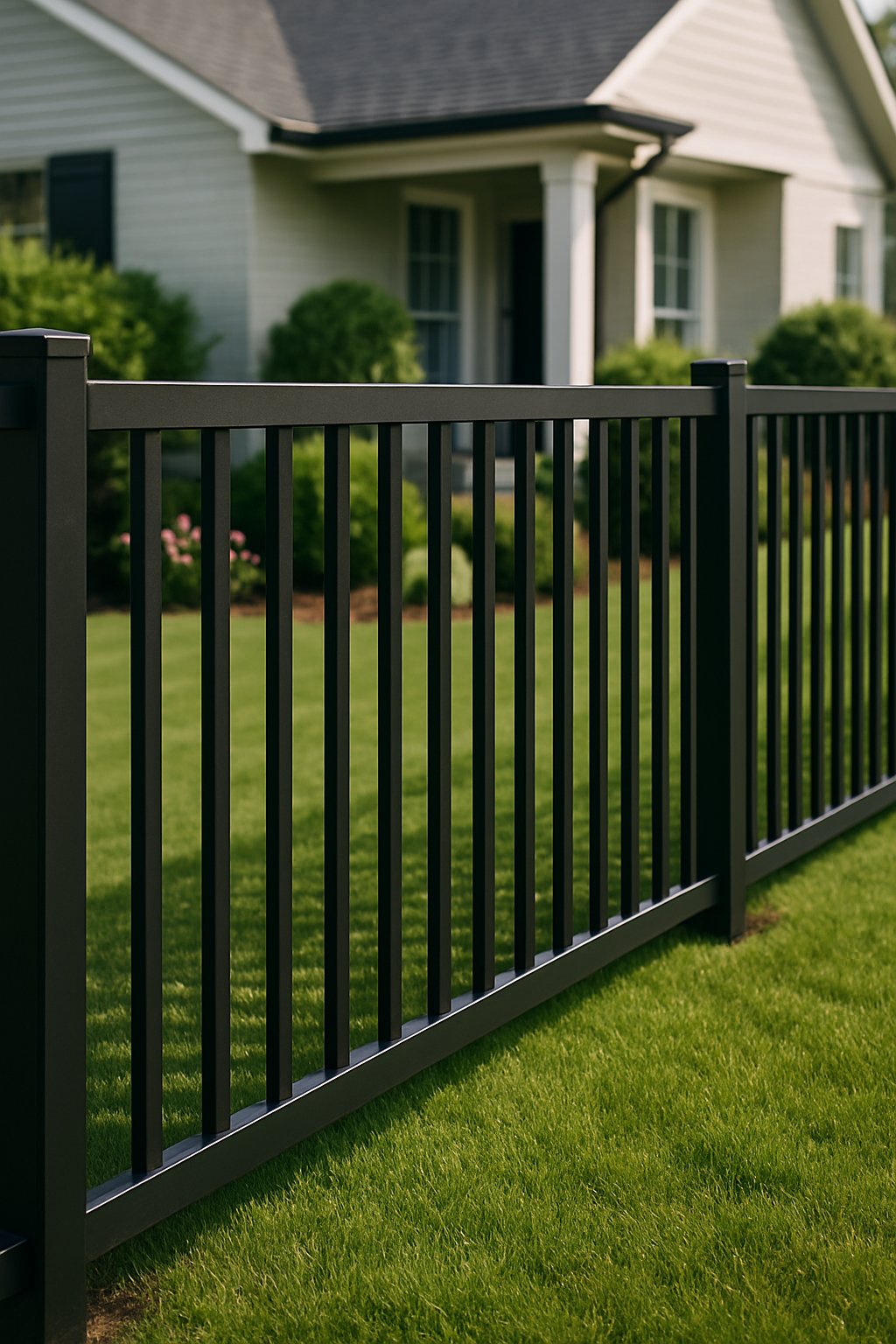 A black aluminum fence in front of a suburban house with a green lawn and garden.