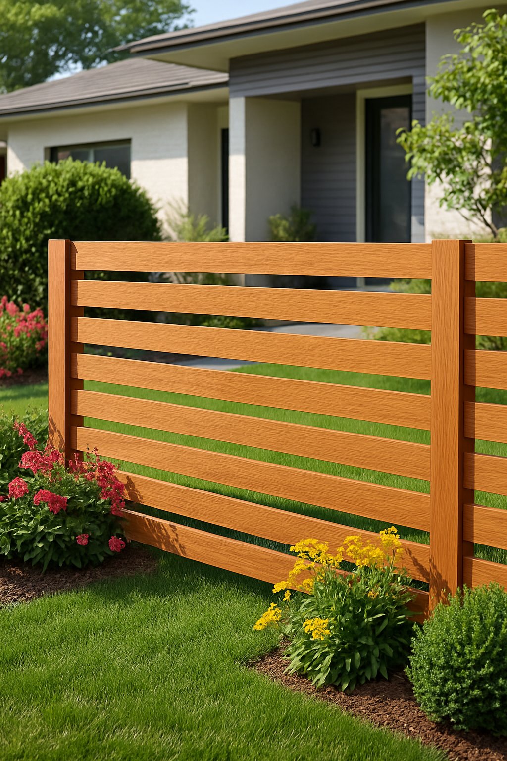 A front yard with a wooden open slat fence, green grass, flowering plants, and a house partially visible behind the fence.