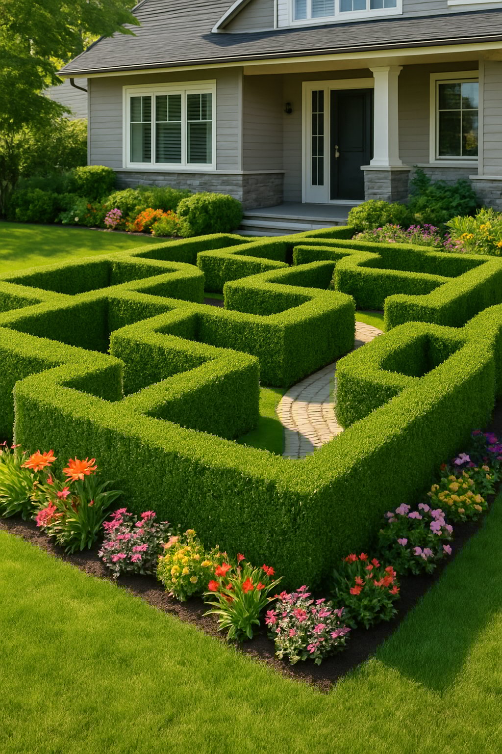 A front yard with a low hedge maze serving as a natural fence, surrounded by a lawn, flowers, and a modern house in the background.