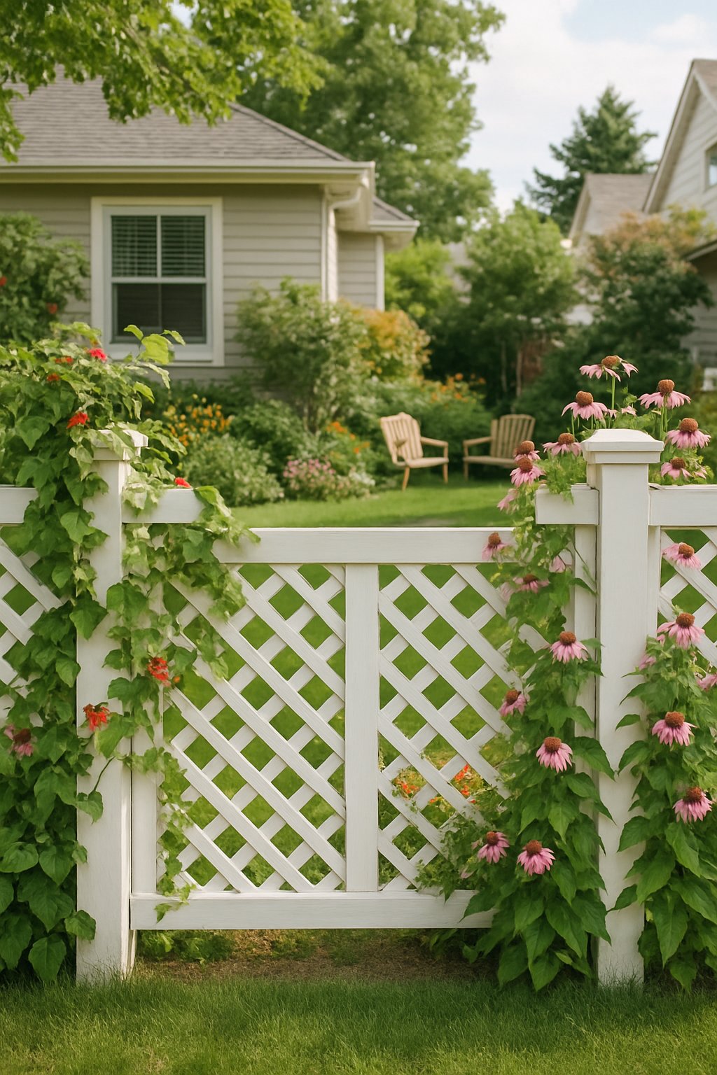 A front yard with a white wooden lattice fence partially covered in green climbing vines and flowers, with a garden and neighboring houses visible behind it.